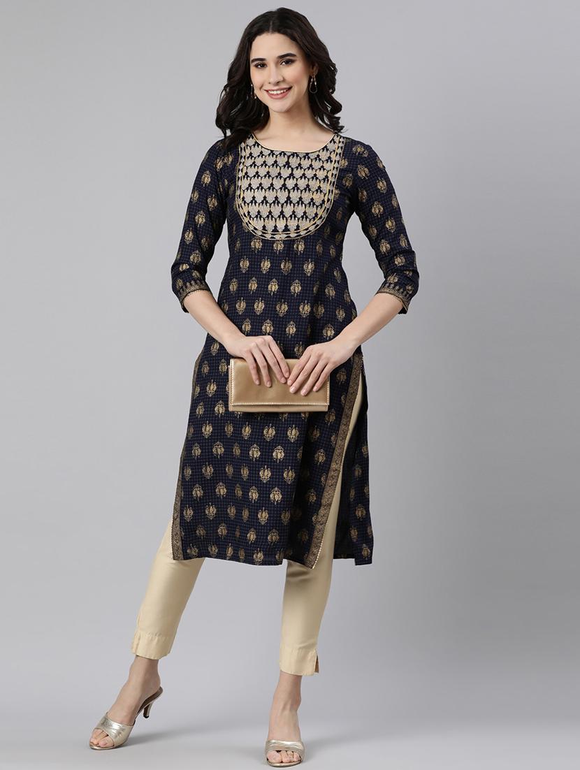 women foli print three quarter sleeve straight kurta - 21728275 - Zoom Image - 0