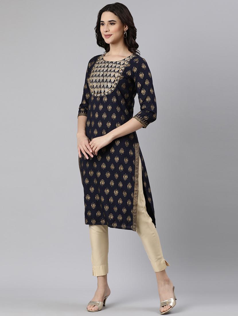 women foli print three quarter sleeve straight kurta - 21728275 - Standard Image - 2