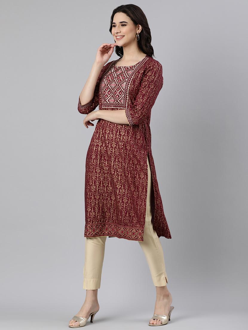 women foil print three quarter sleeve straight kurta - 21728276 - Standard Image - 2