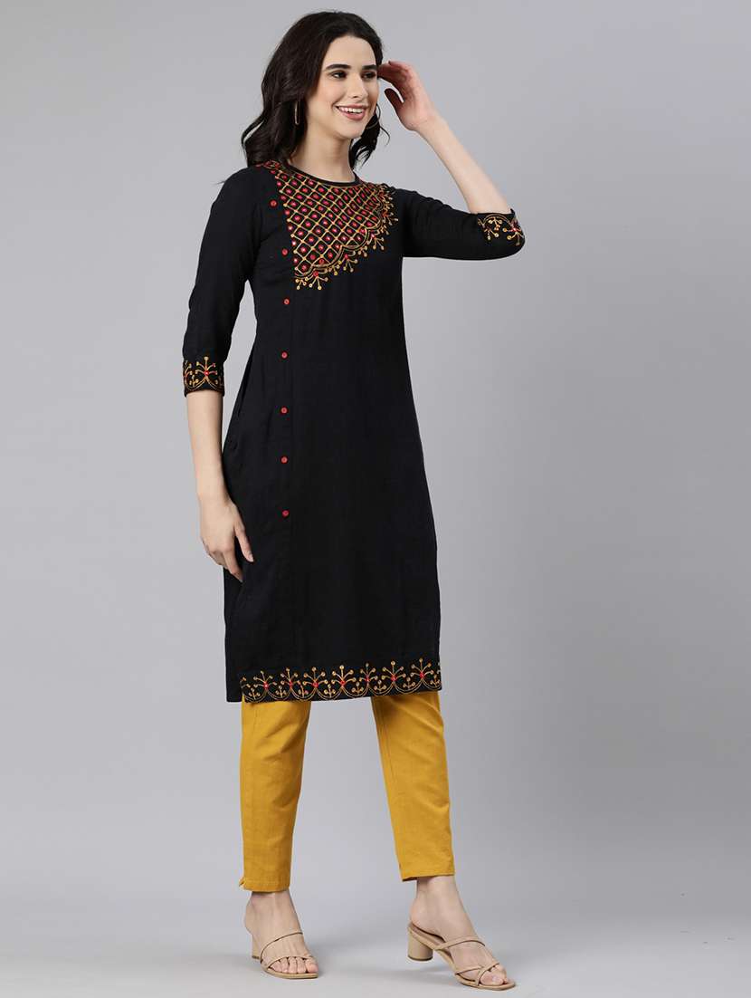 women mirror work three quarter sleeve straight kurta - 21728277 - Standard Image - 2