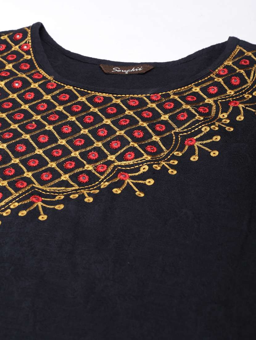 women mirror work three quarter sleeve straight kurta - 21728277 - Standard Image - 7