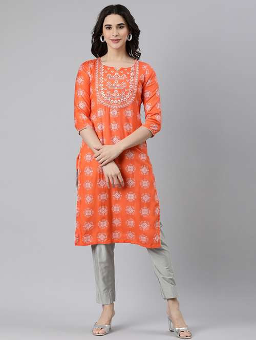 women printed three quarter sleeve straight kurta - 21728284 -  Standard Image - 0