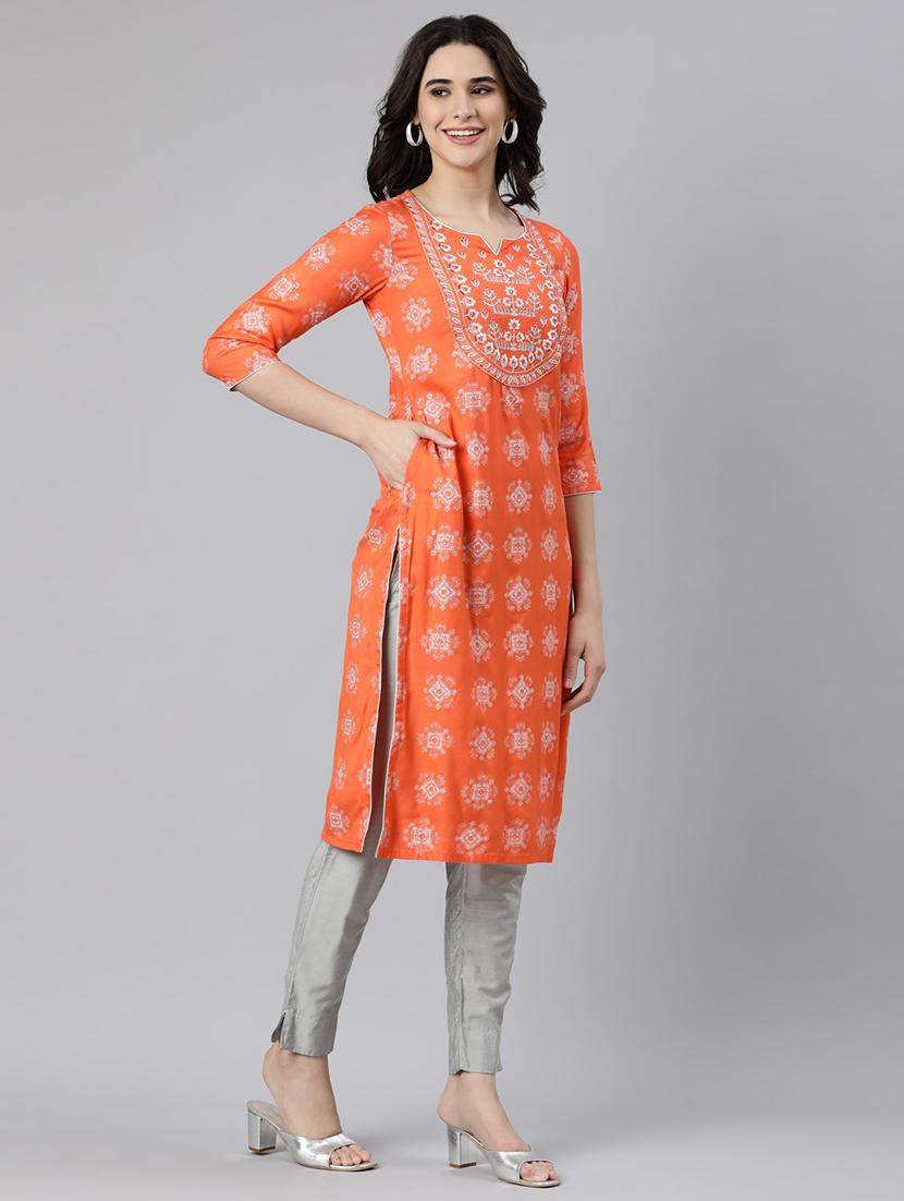 women printed three quarter sleeve straight kurta - 21728284 - Standard Image - 2