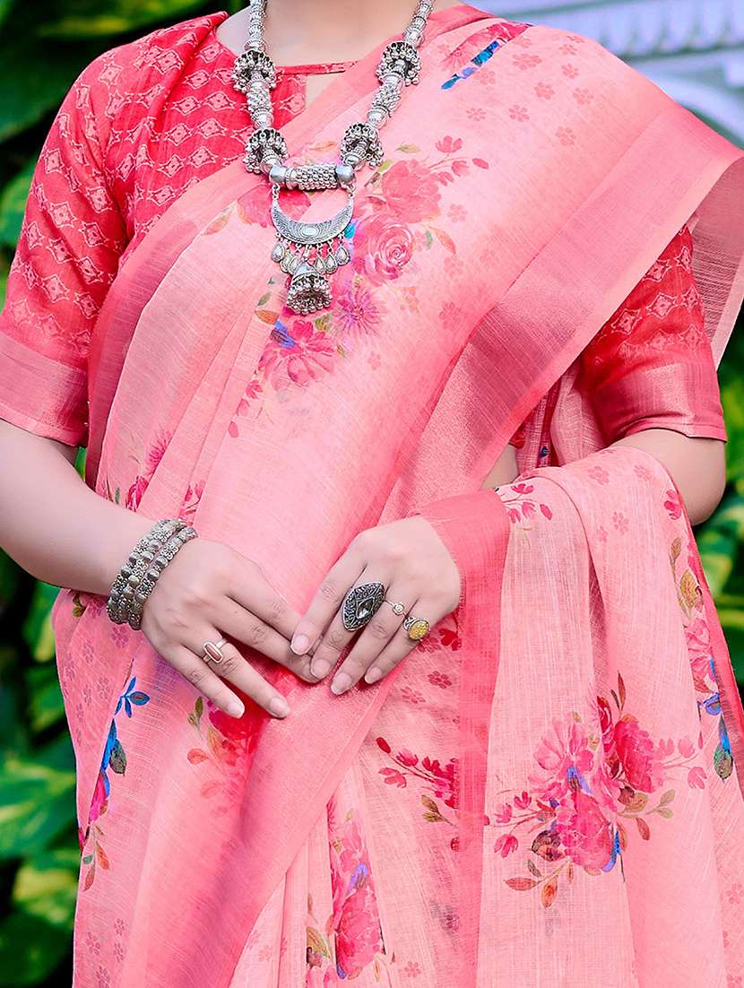 women peach floral printed saree with blouse - 21728353 -  Standard Image - 2