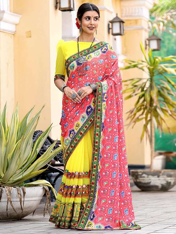women printed half and half saree with blouse