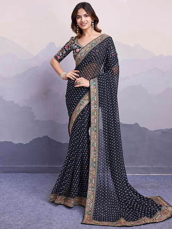 women bandhani saree with embroidered lace border with blouse