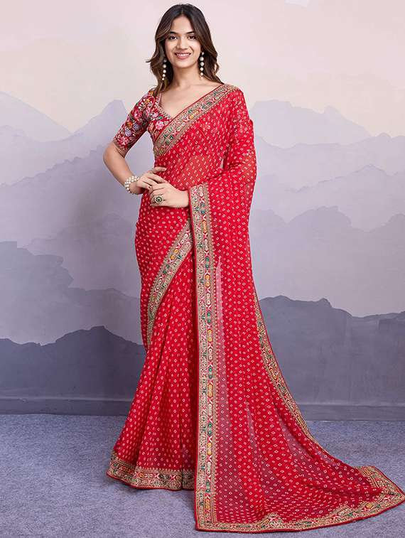women red bandhani printed lace work saree with blouse - 21728396 -  Zoom Image - 0
