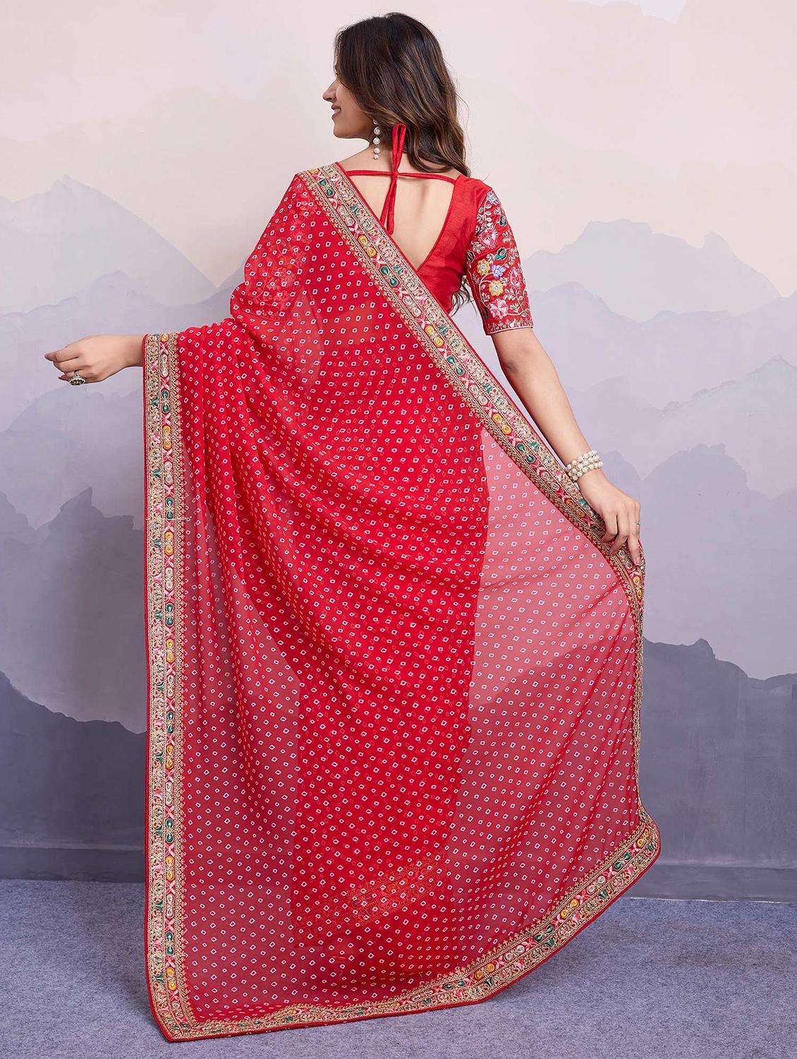 women red bandhani printed lace work saree with blouse - 21728396 -  Standard Image - 2
