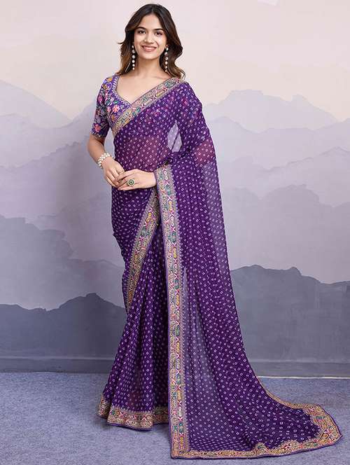 women purple bandhani printed lace work saree with blouse - 21728397 -  Standard Image - 0