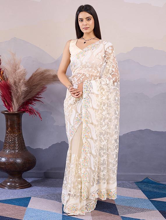 women cream embroidered saree with blouse - 21728399 -  Zoom Image - 0