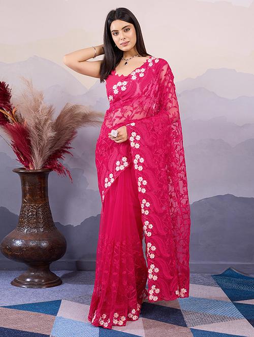 women pink embroidered saree with blouse - 21728400 -  Standard Image - 0
