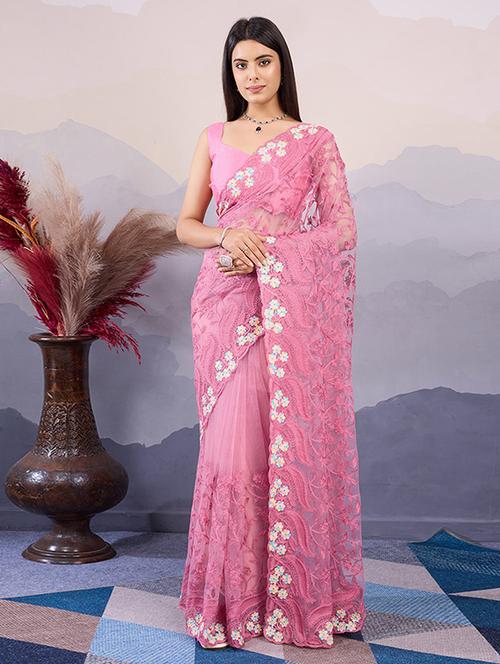 women pink embroidered saree with blouse - 21728402 -  Standard Image - 0