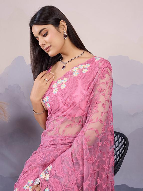 women pink embroidered saree with blouse - 21728402 - Standard Image - 2