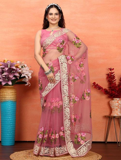 women pink embroidered saree with blouse - 21728405 -  Standard Image - 0