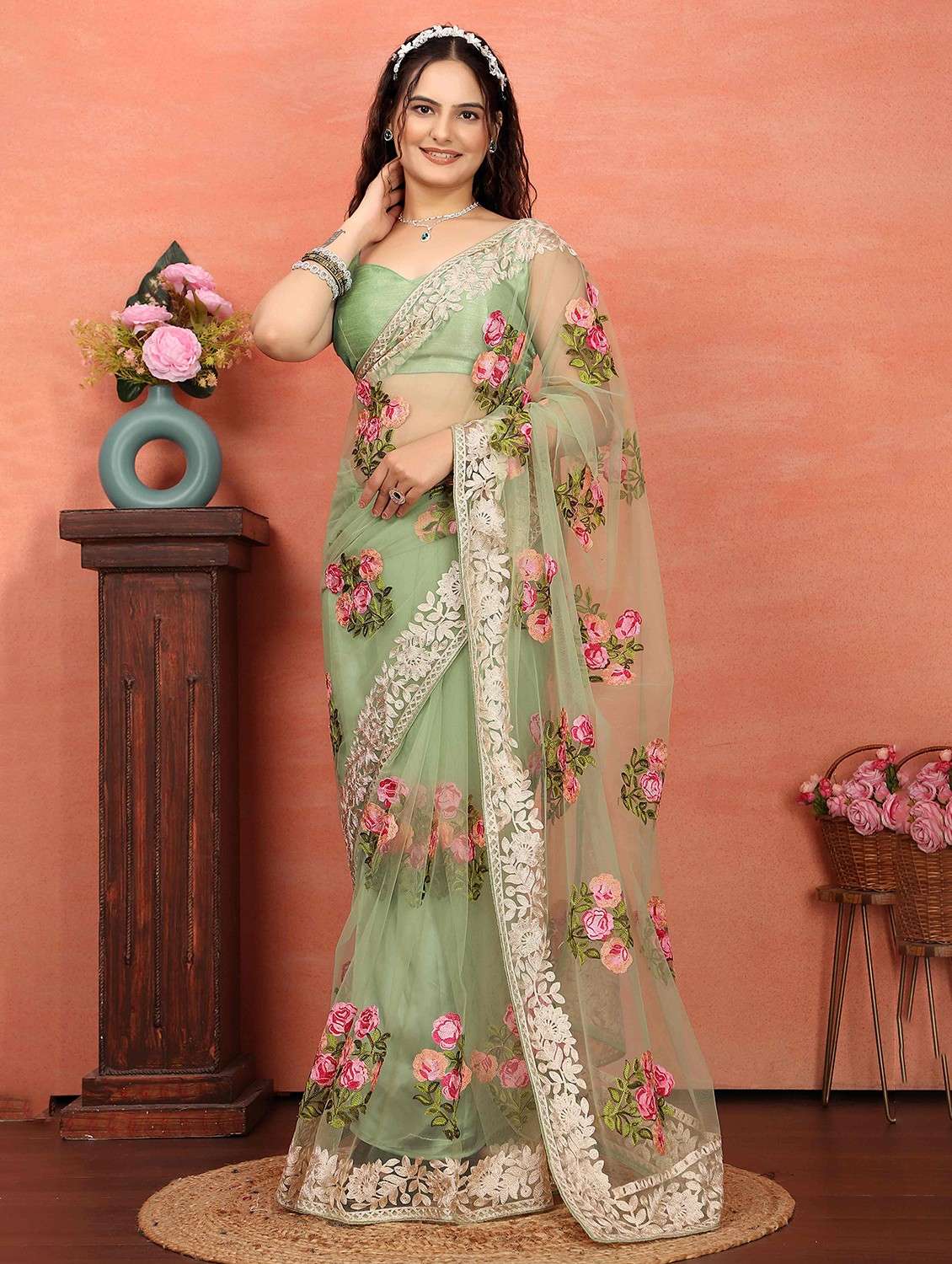women neo mint embroidered saree with blouse