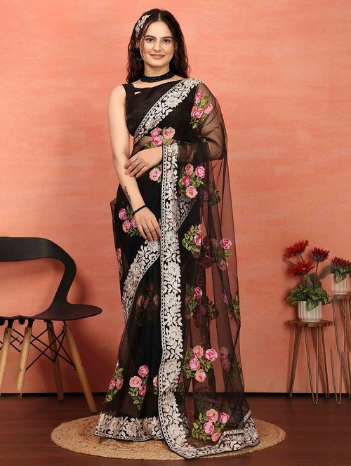 women black embroidered saree with blouse - 21728408 - Standard Image - 0