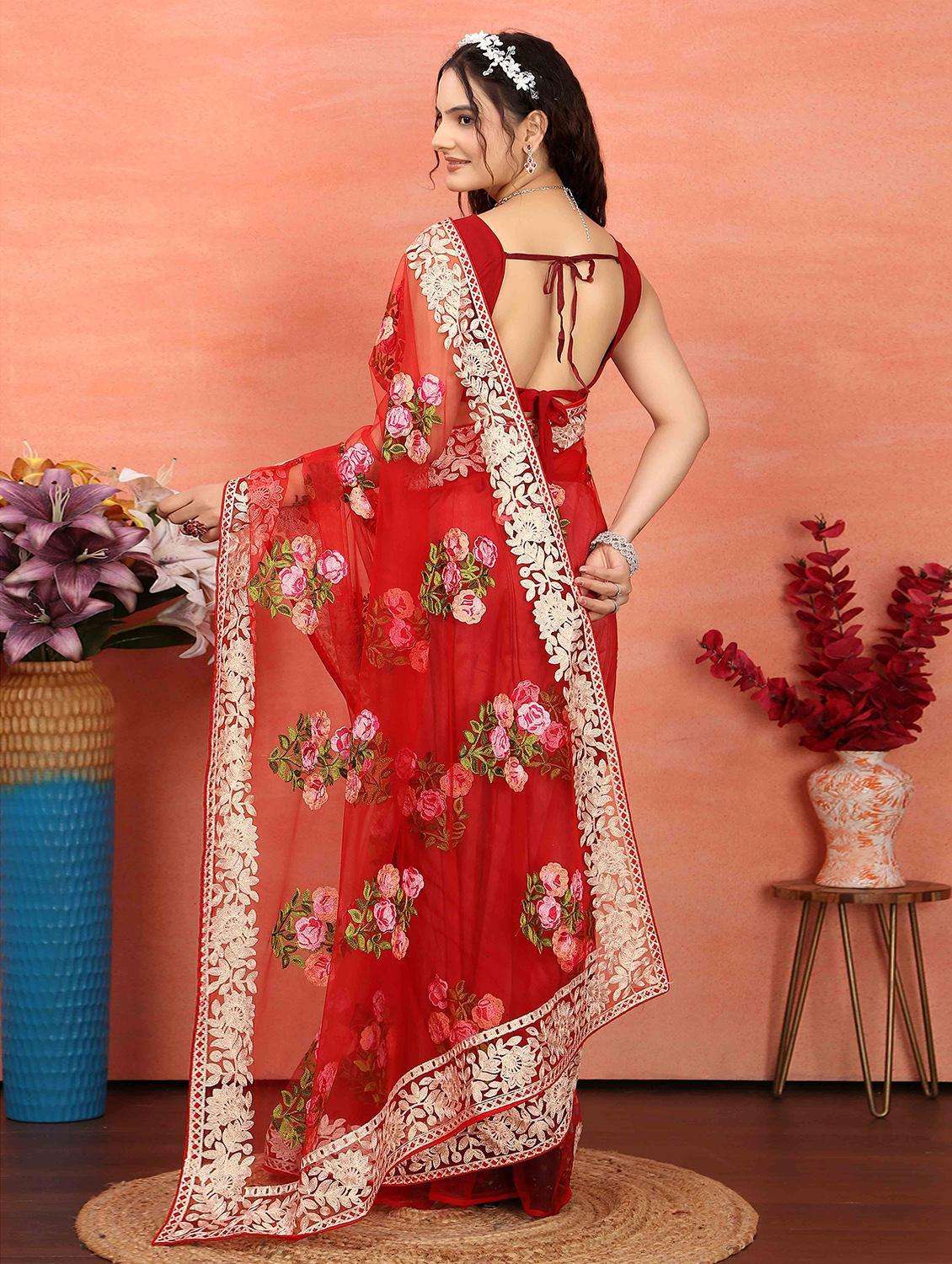 women red embroidered saree with blouse - 21728409 -  Standard Image - 2