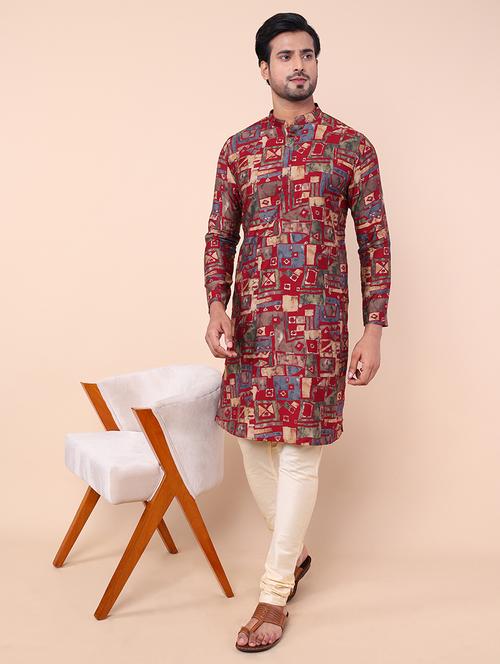men mandarin neck printed kurta churidar set - 21728475 - Standard Image - 0
