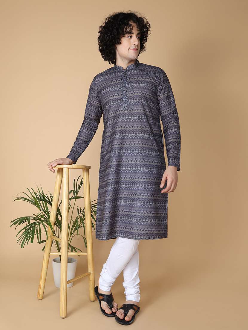 men mandarin neck printed kurta churidar set
