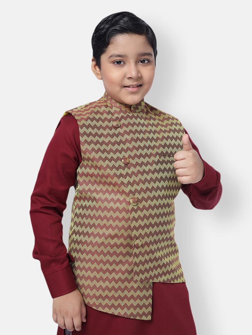 boys maroon chevron sleeveless nehru jacket - 21728769 - Standard Image - 2