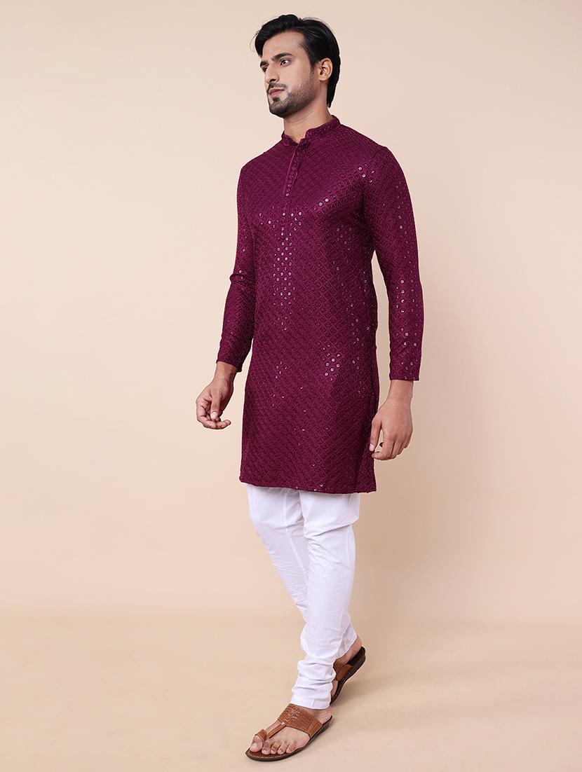 men mandarin neck mirror work kurta - 21728790 - Standard Image - 2