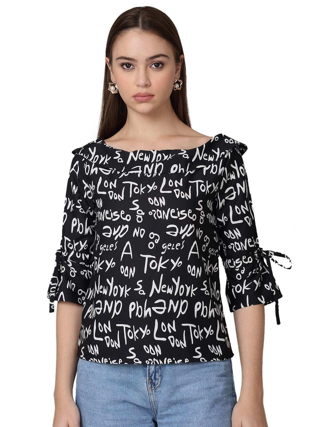 women printed three quarter sleeves regular top