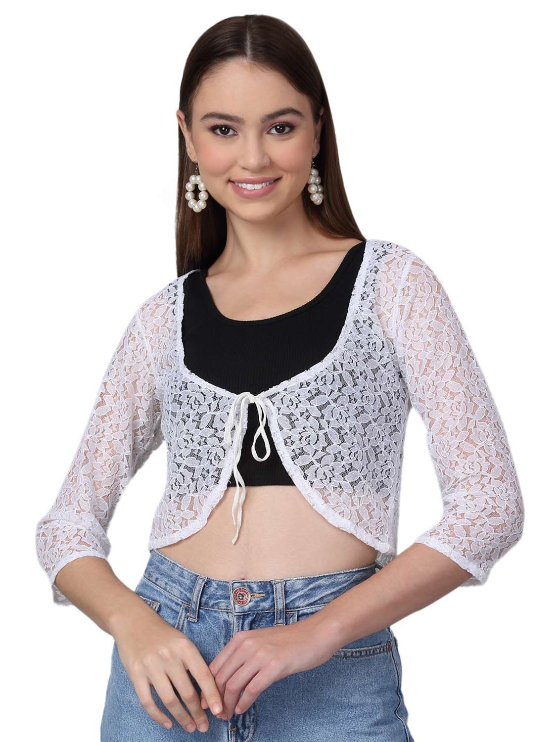 women laced three quarter sleeves crop shrug