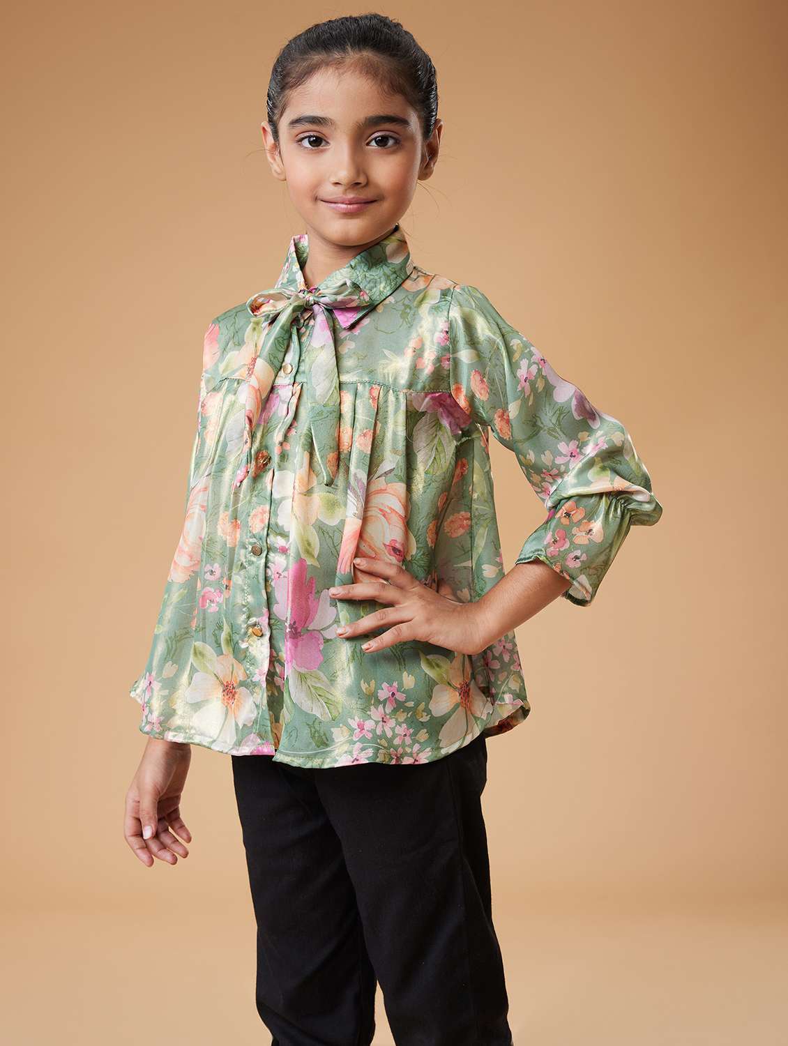 girls green floral printed top