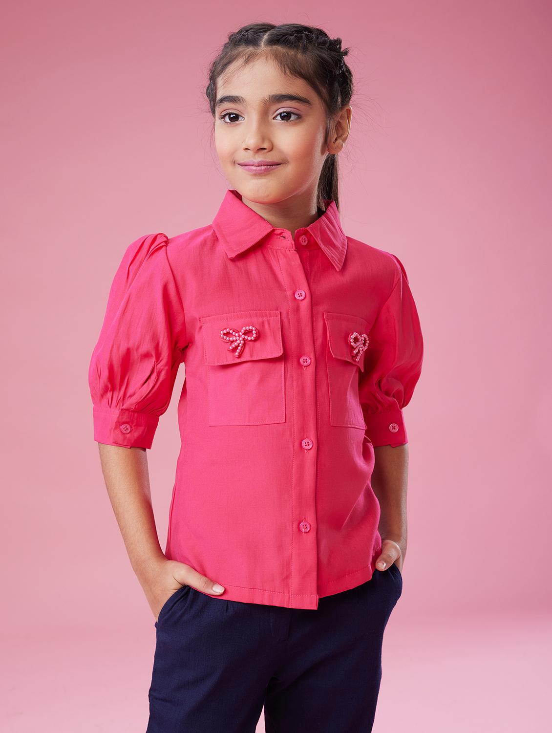 girls pink solid puff sleeve top