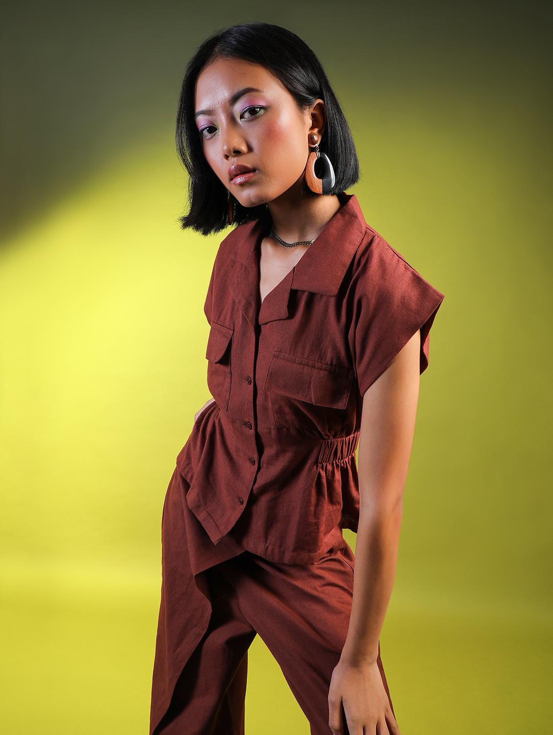 women brown solid cap sleeve regular fit shirt - 21729269 -  Zoom Image - 0