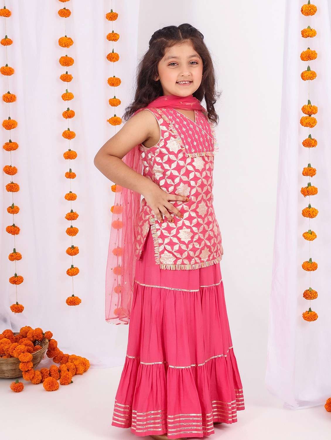 Girls Pink Self Design Lehenga Choli With Dupatta