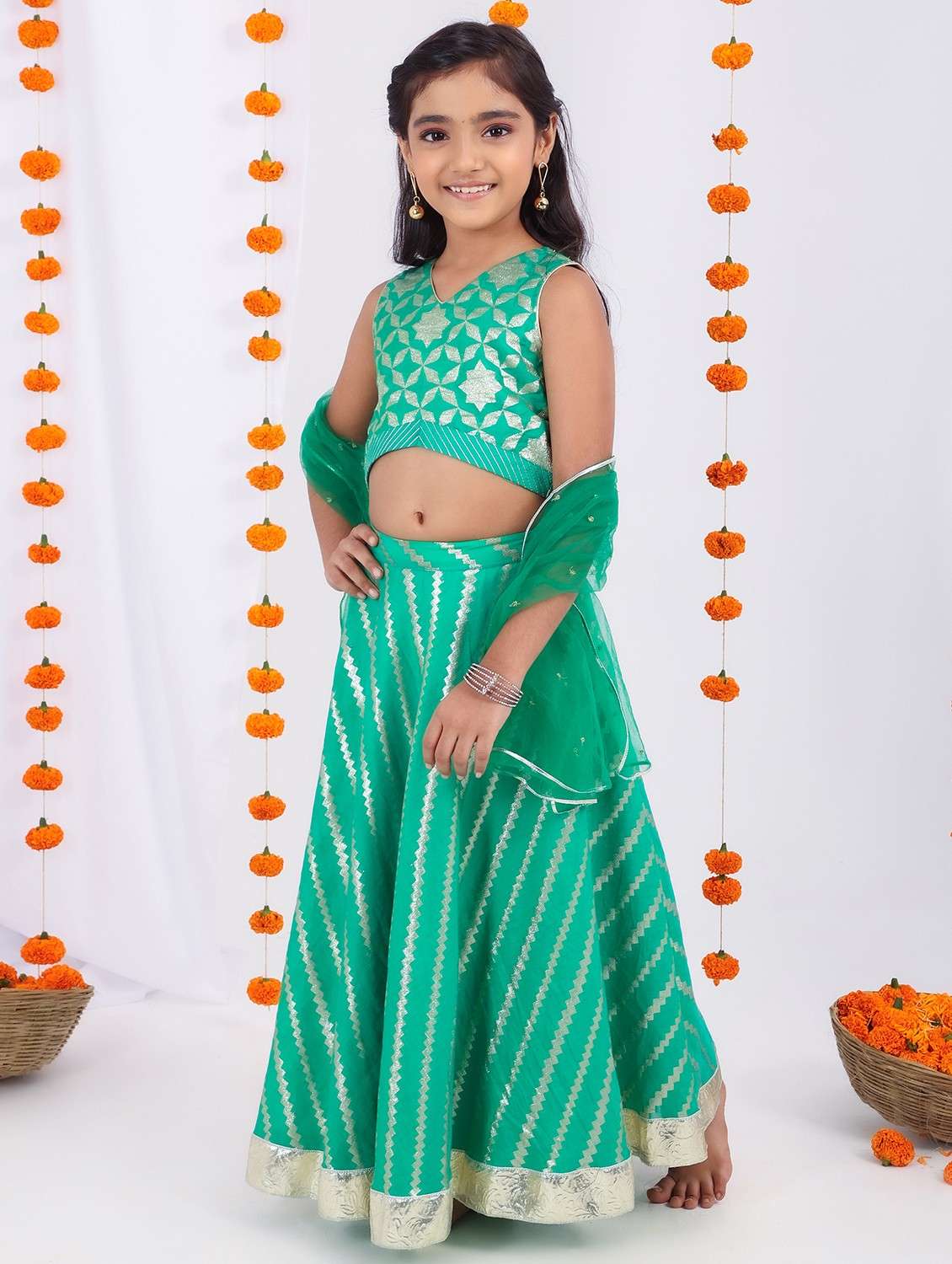 Girls Green Self Design Lehenga Choli With Dupatta