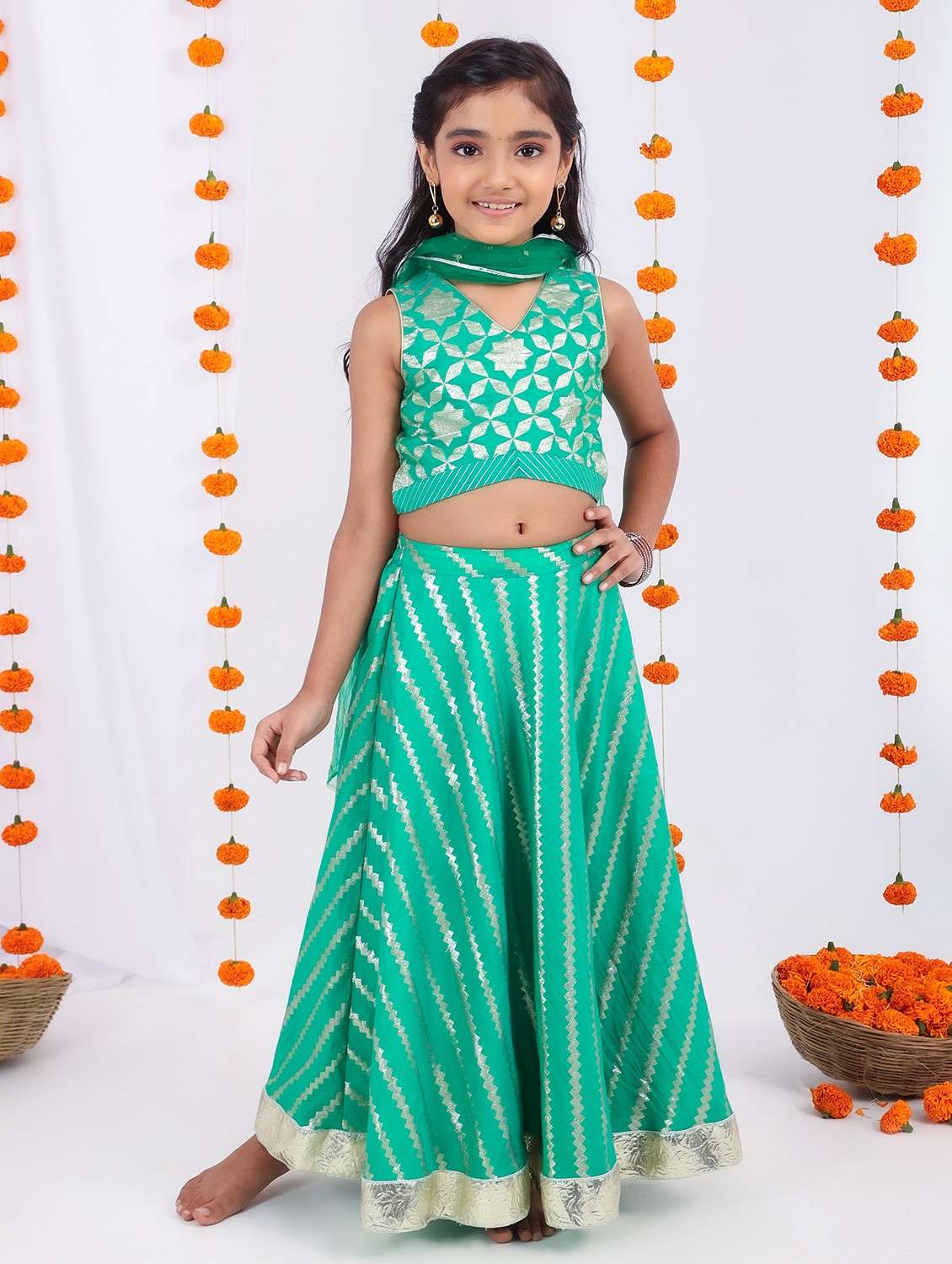 girls green self design lehenga choli with dupatta - 21729411 - Standard Image - 2