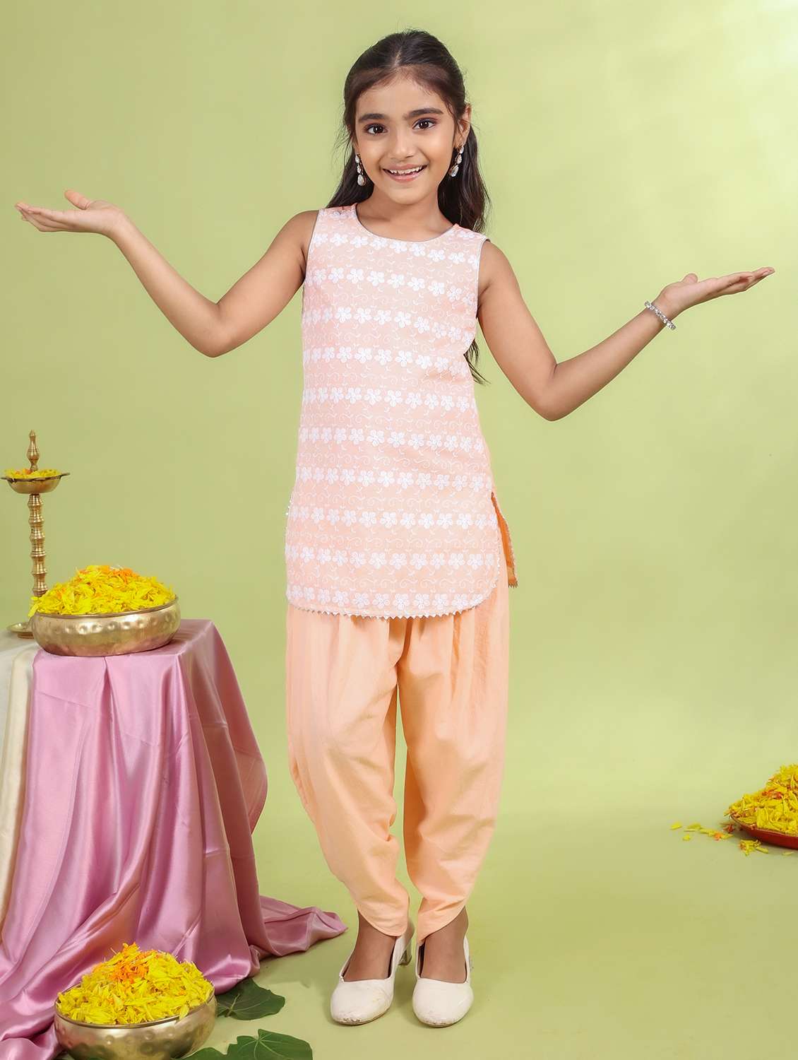girls peach embroidered dhoti kurta set