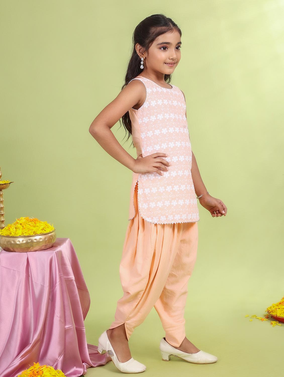 girls peach embroidered dhoti kurta set - 21729423 - Standard Image - 2