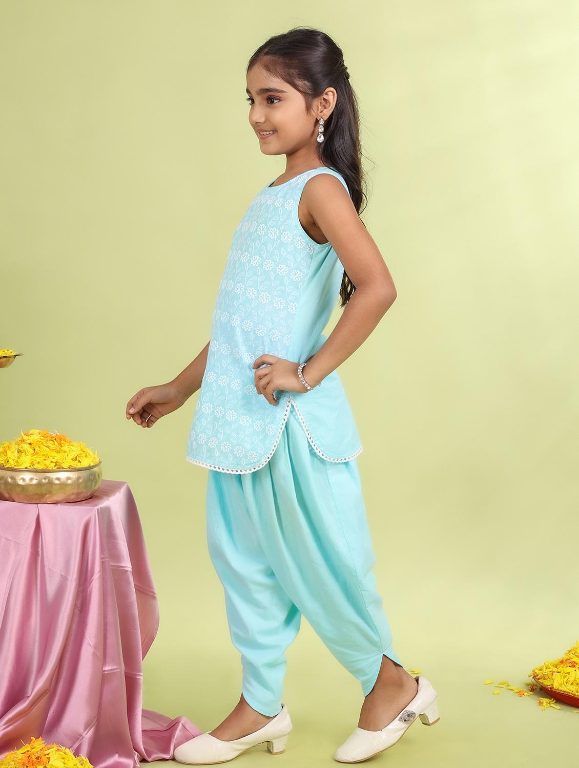 girls light blue printed round neck dhoti kurta set - 21729424 - Standard Image - 2