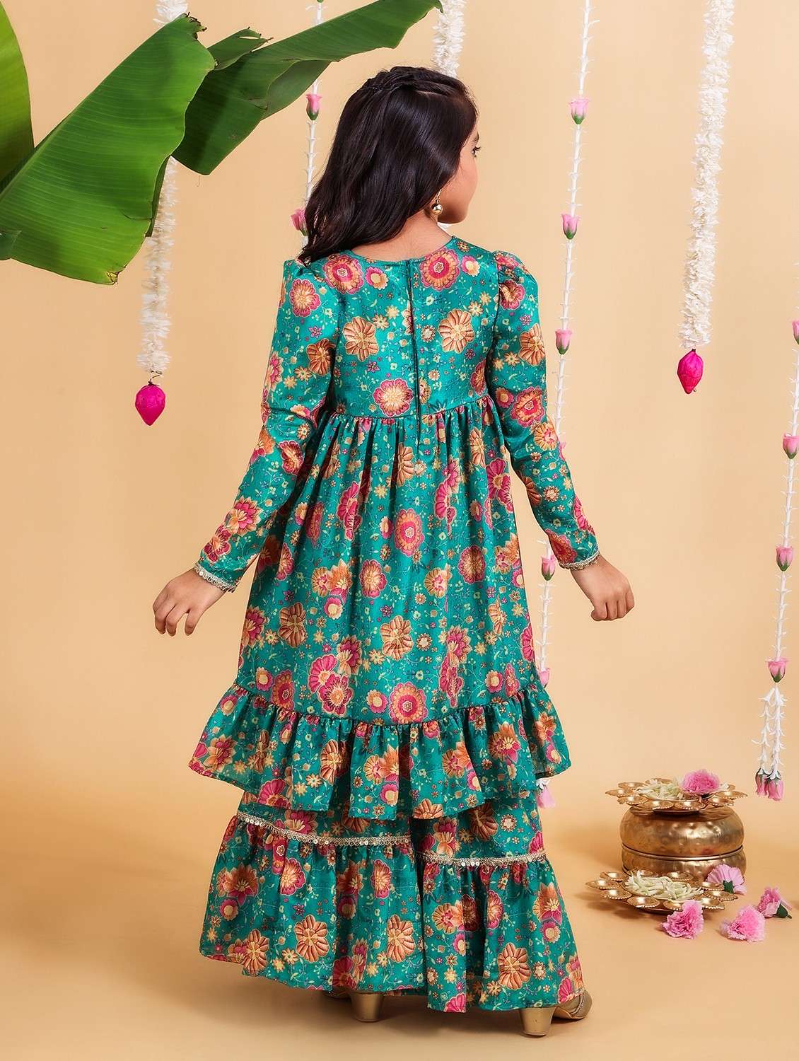 Girls Floral Round Neck Kurta Sharara Set 