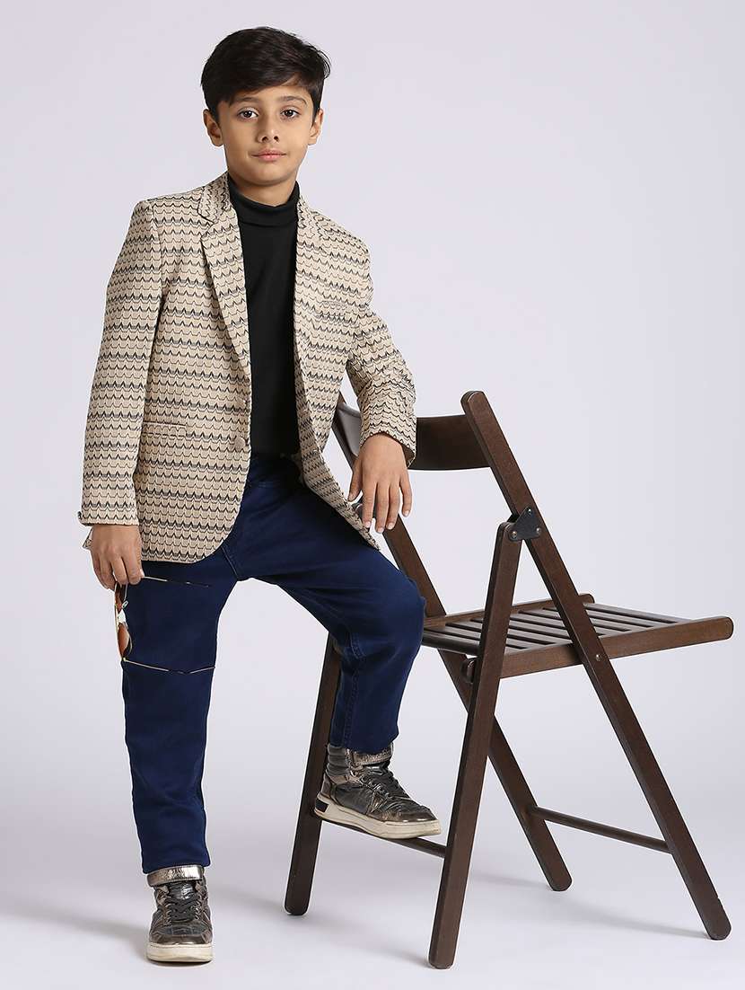 boys beige printed long sleeve blazer