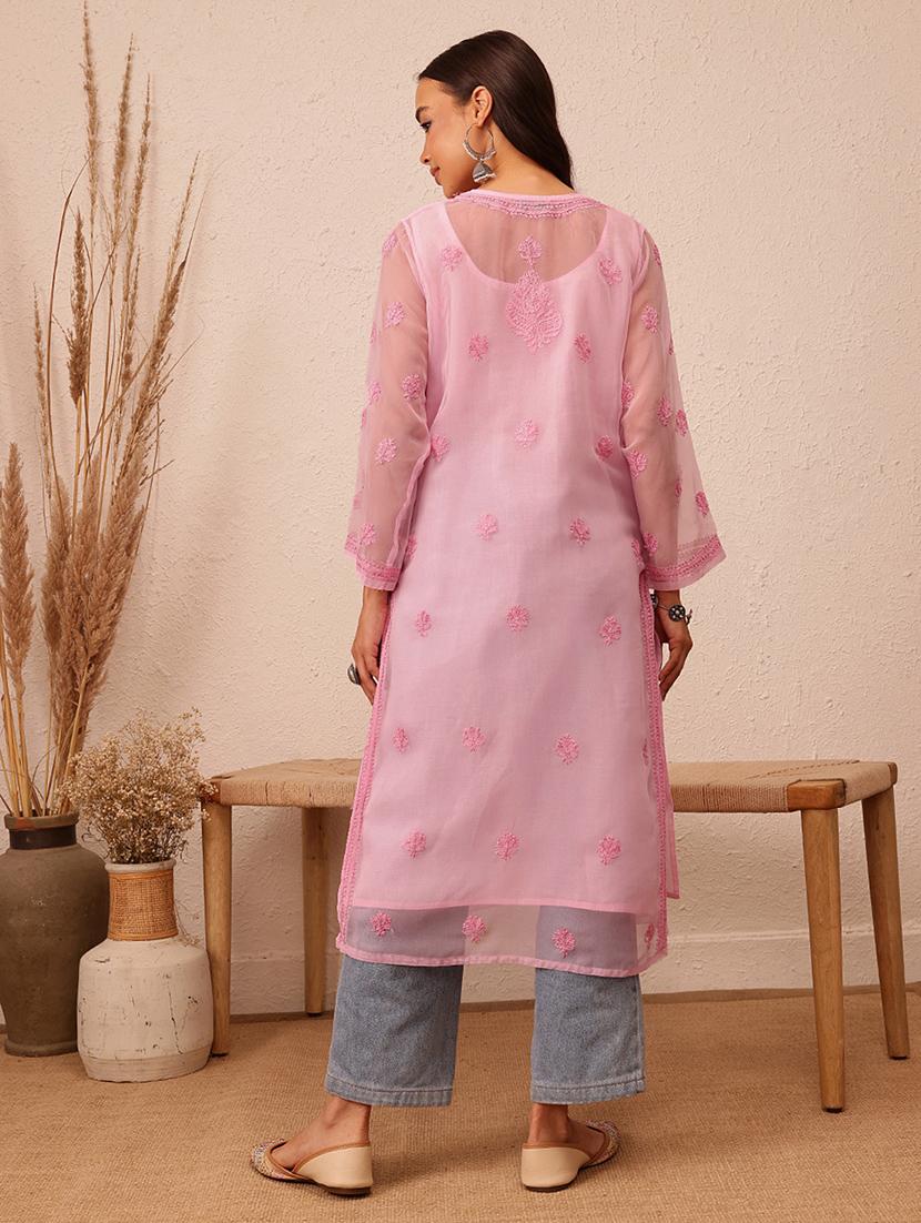 women chikankari work notch neck straight kurta - 21729628 - Standard Image - 2