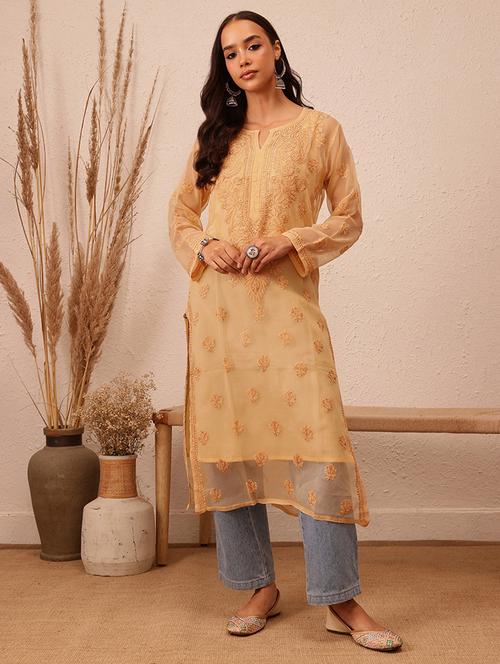 women long sleeve straight chikankari kurta - 21729629 - Standard Image - 0