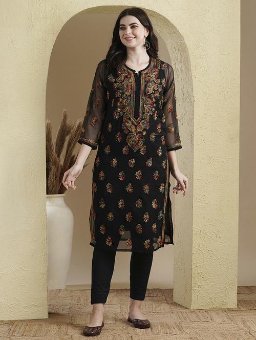 women chikankari work notch neck straight kurta - 21729631 - Standard Image - 0
