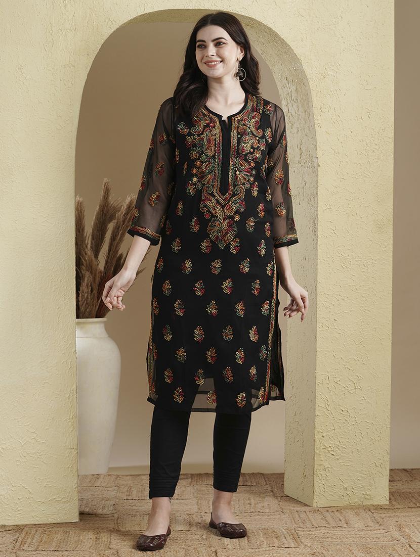 women chikankari work notch neck straight kurta - 21729631 - Zoom Image - 0
