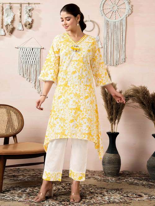 women floral v neck asymmetric kurta - 21729655 - Standard Image - 0