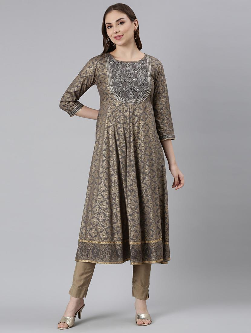 women round neck printed anarkali kurta - 21729693 -  Zoom Image - 0