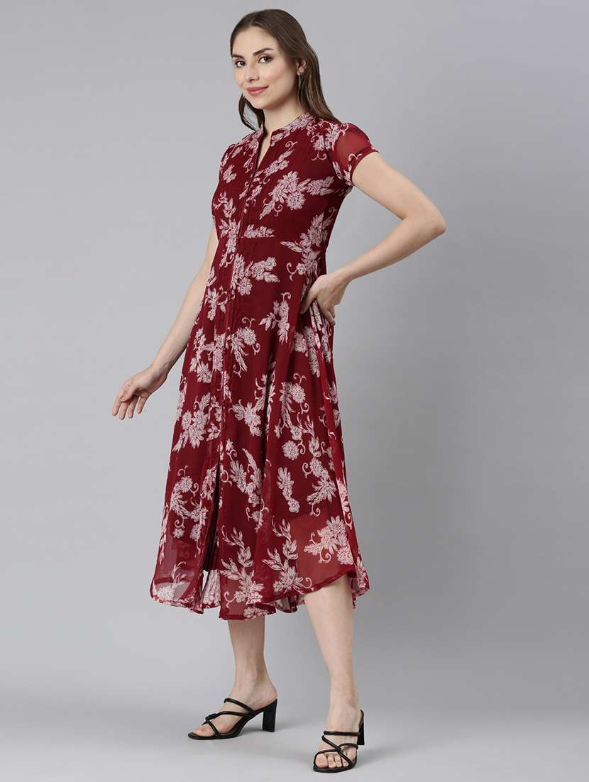 women maroon floral printed short sleeve a-line dress - 21729710 -  Standard Image - 2