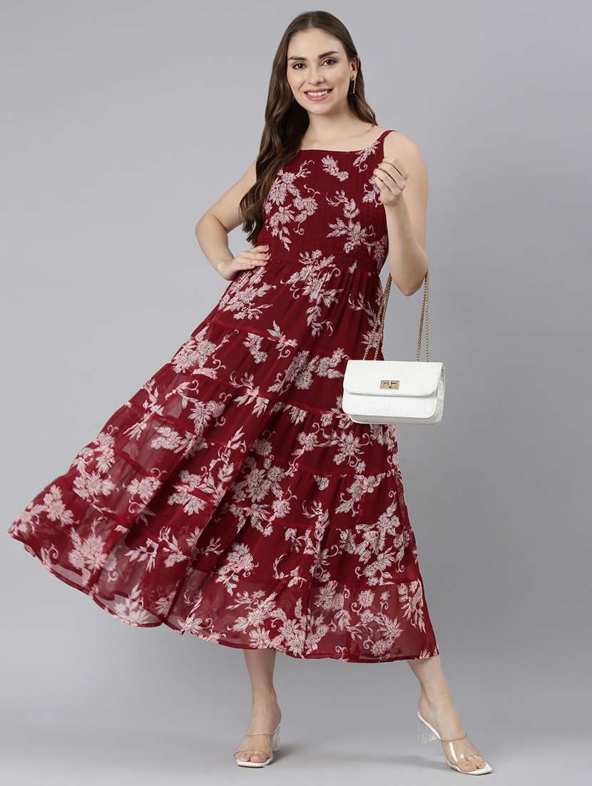women square neck printed tiered ethnic dress
