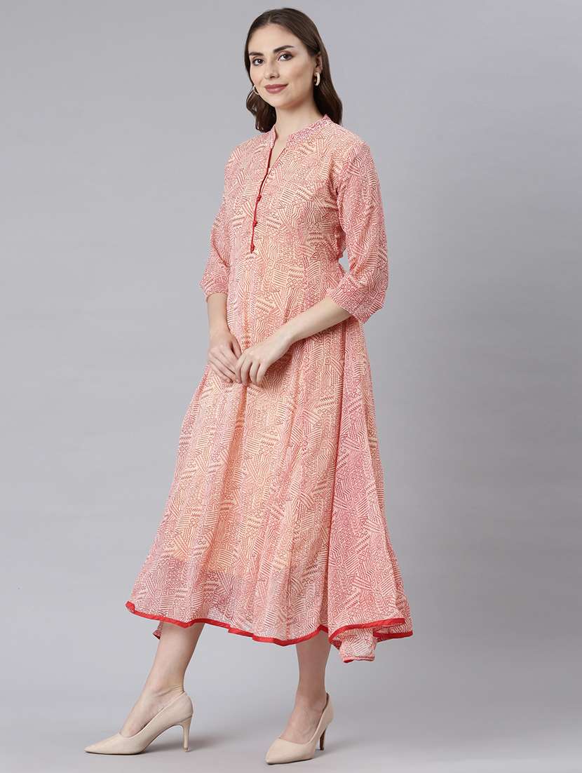 women peach printed three quarter sleeve a-line ethnic dress - 21729713 -  Standard Image - 2