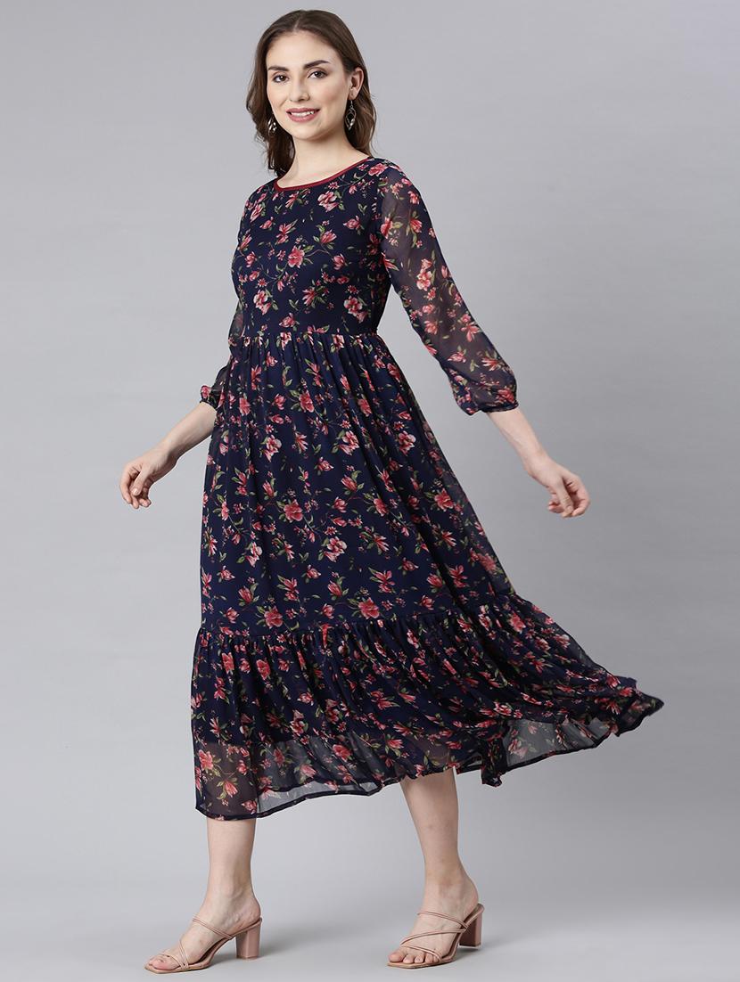 women floral printed round neck tiered dress - 21729717 - Standard Image - 2