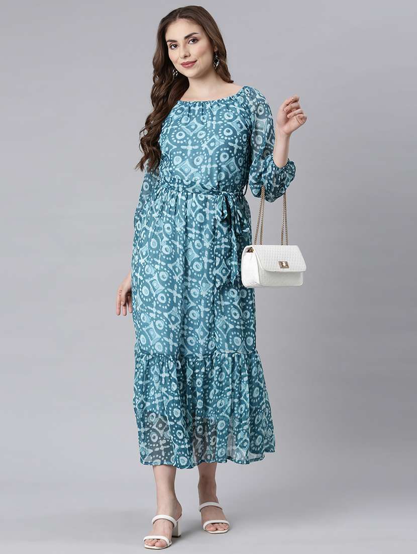 women blue three quarter sleeve tiered dress