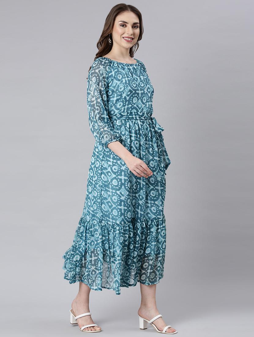 women blue three quarter sleeve tiered dress - 21729718 - Standard Image - 2